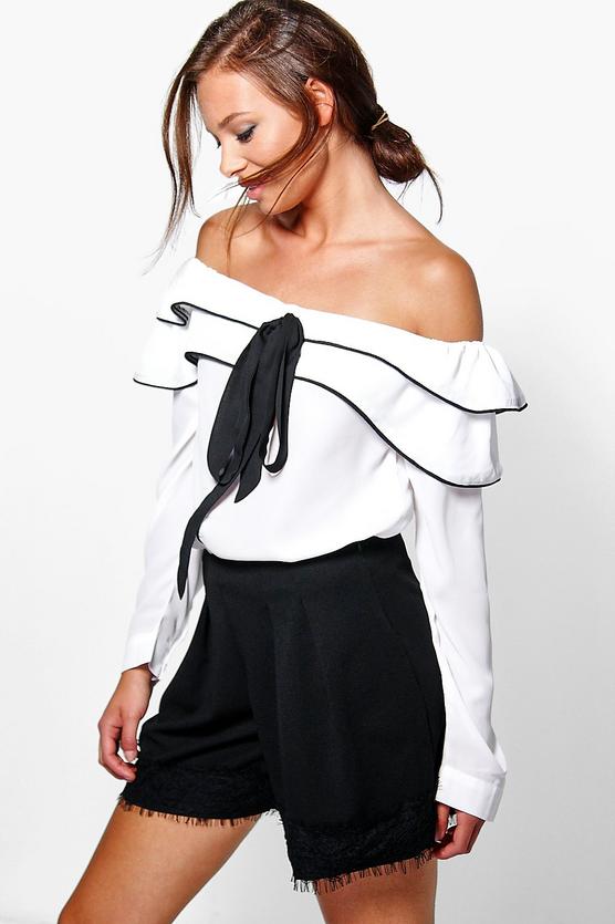 Annie Tie Front Ruffle Bardot Top